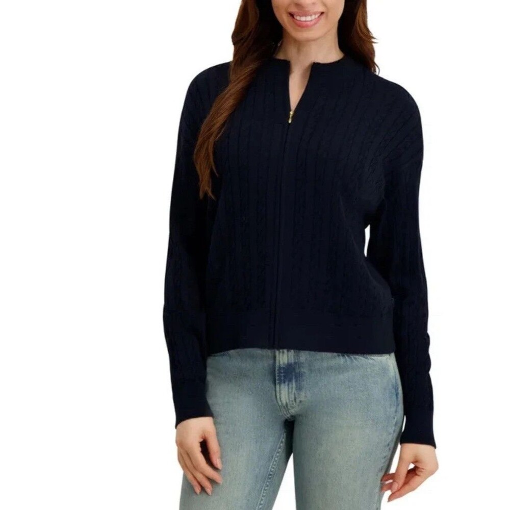 Nautica Jeans Cable Knit Full Zip Sweater Women's L 10-12 Black Cotton Cardigan